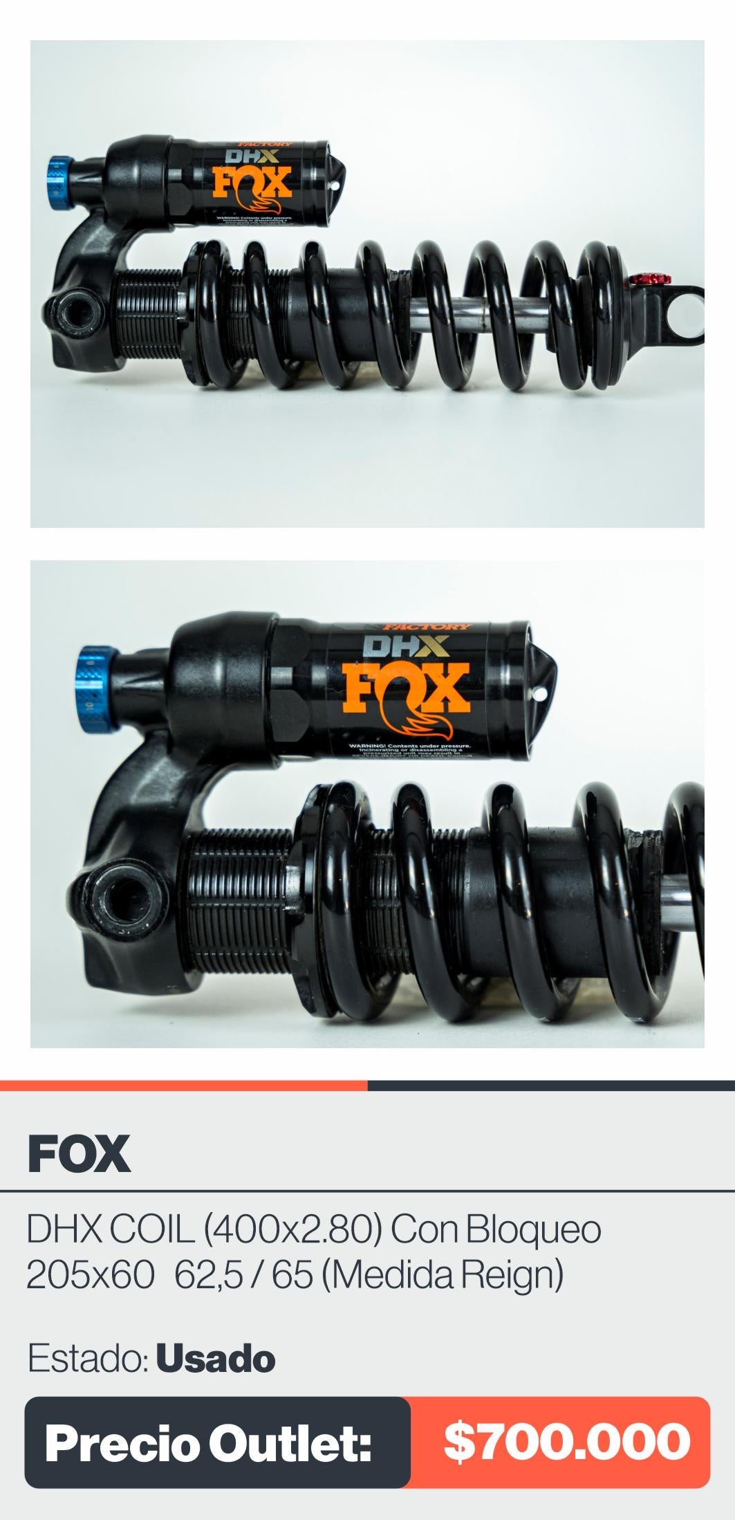 FOX DHX COIL (400X2.80) CON BLOQUEO (MEDIDA REIGN) 205x60, 62,5, 65