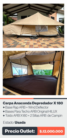 CARPA ANACONDA DEPREDADOR X 180 + BASE RAP ARB + WIND DEFRECTOR + BASES PARA TECHO HIT LUX + TOLDO ARB X180 + 2 SILLAS ARB DE CAMPIN