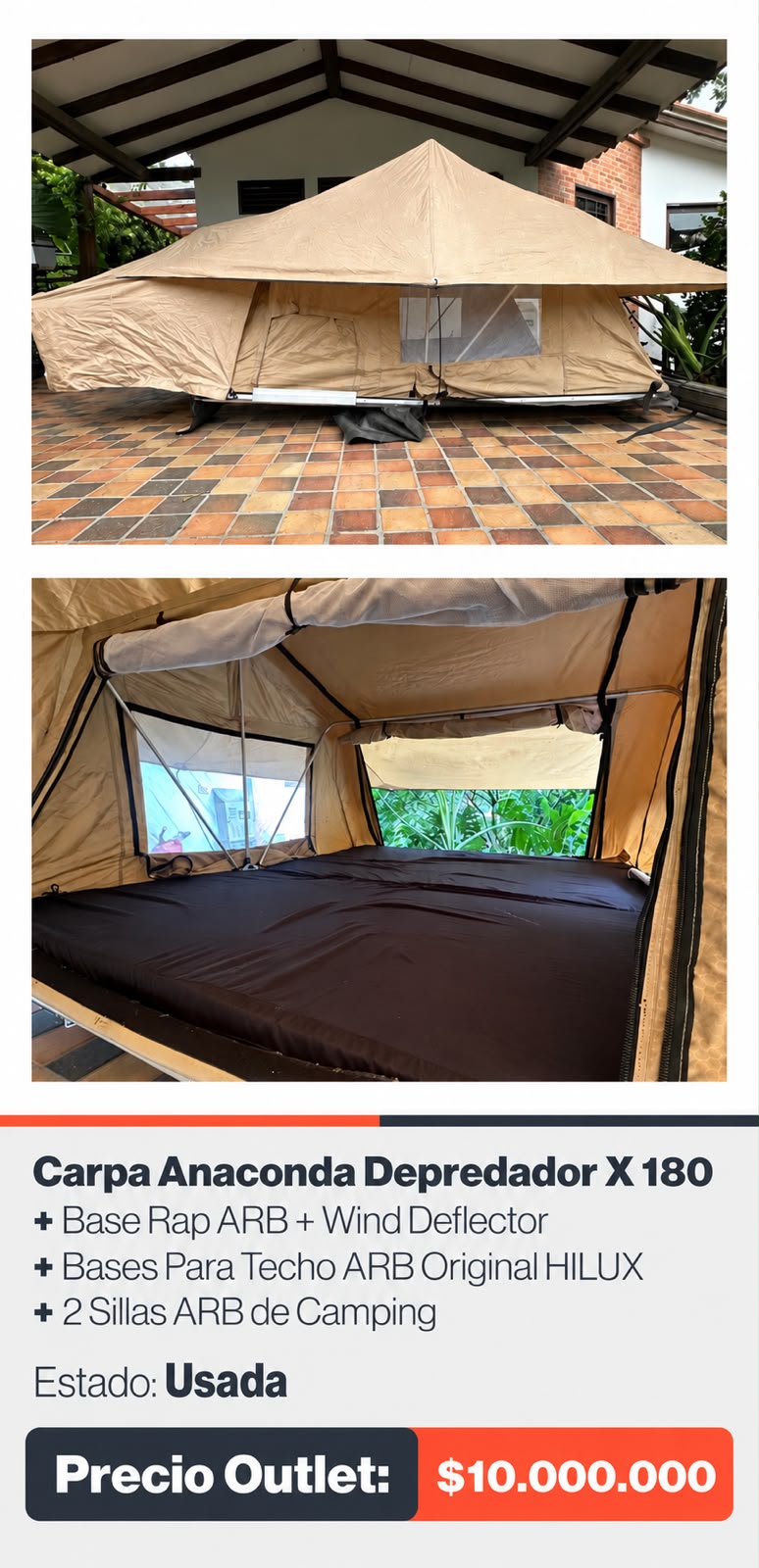 CARPA ANACONDA DEPREDADOR X 180 + BASE RAP ARB + WIND DEFRECTOR + BASES PARA TECHO HIT LUX + 2 SILLAS ARB DE CAMPIN
